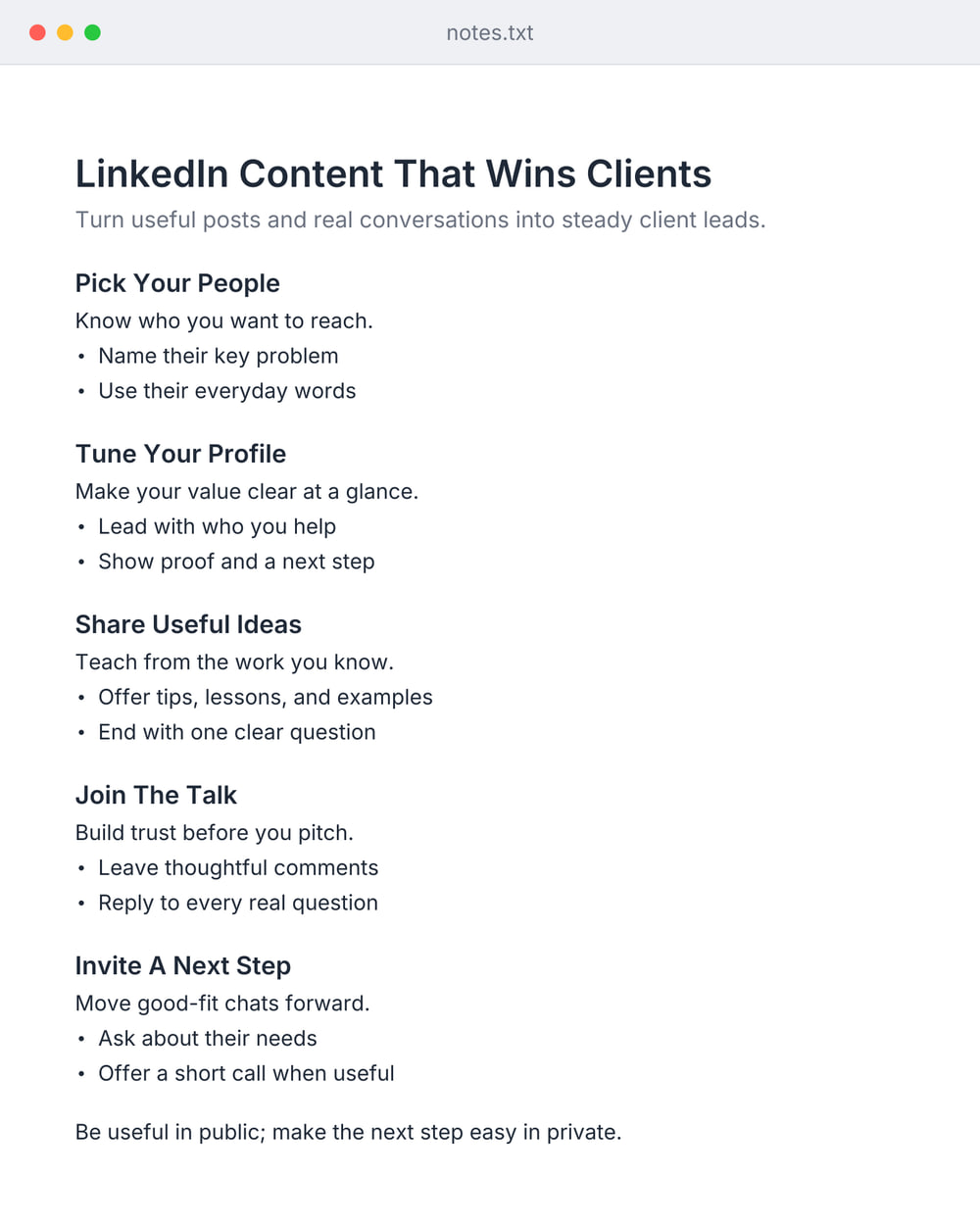 The same words as plain text: LinkedIn Content That Wins Clients