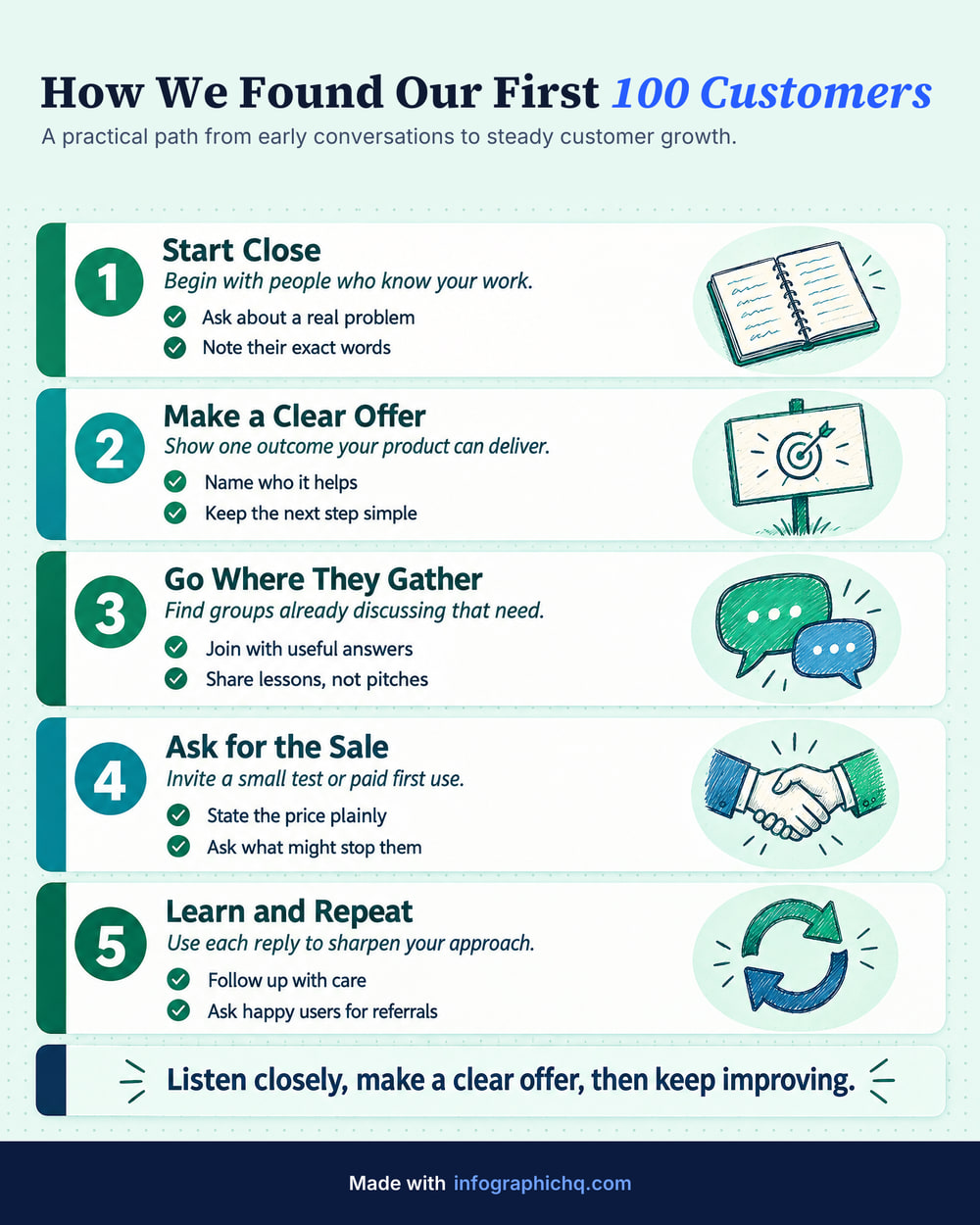 How We Found Our First 100 Customers, a stacked infographic made with InfographicHQ